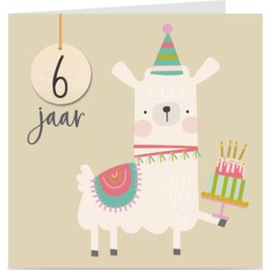 Verjaardagskaart met leeftijd voor kinderen | LAMA | 6 jaar | kaart met envelop | jongen / meisje