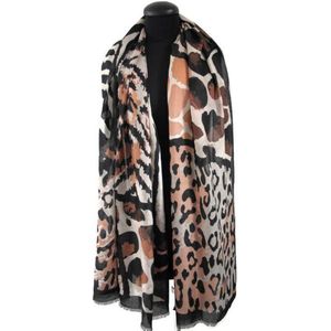 Luipaard en zebra print sjaal dames in zwart met beige - 90 x 180 cm