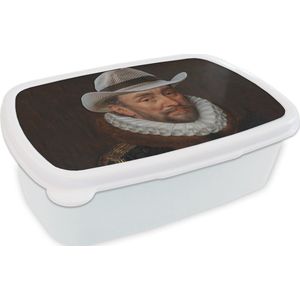 Broodtrommel Wit - Lunchbox - Brooddoos - Willem van Oranje - Adriaen Thomasz - Cowboyhoed - 18x12x6 cm - Volwassenen