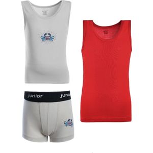 Junior - Ondergoedset - Egyptisch katoen - Grijs, Rood - 7/8 jaar