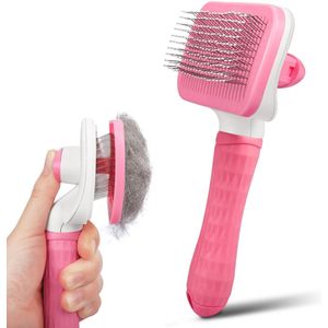 Huisdier borstel - Honden borstel voor het verwij deren van haar - Katten borstel met ontgrendeling sknop - Zelfreinig ende borstel voor honden en katten - Huisdierver zorging sborstel - Verwijdert voorzichtig losse ondervacht - Fijne naalden - Roze