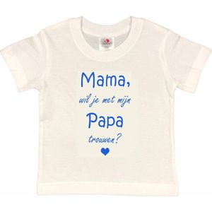 T-shirt Kinderen ""Mama, wil je met mijn papa trouwen?"" | korte mouw | wit/blauw | maat 122/128