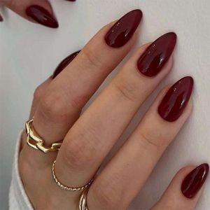 24 stuks korte ovale kunstnagels amandel - lijm op nagels kort acryl nagels drukknopen gelnagels valse nagels kort roodbruin