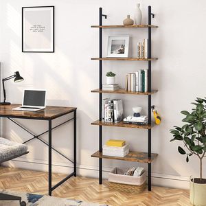 Plank 5-laags boekenkast 180 cm opbergmeubel met metalen frame zwevende wandplank voor woonkamer, kantoor, slaapkamer