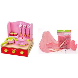 Playwood -Keuken roze fornuis opklapbaar inclusief accessoires + 5 delige kookgerei schort U krijgt 2 artikelen geleverd voor de prijs van 1