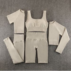 Gymset - LIGHT RIBBED - Creme - Maat M - 5delig - Fitness set - Sportkledingset - Sportset - Sporttop - Sportlegging - Yogaset