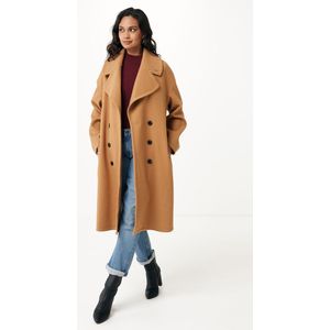 Midi Length Big Lapel Collar Coat Dames - Camel - Maat XL