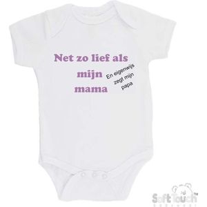 100% katoenen Romper ""Net zo lief als mijn mama en eigenwijs zegt mijn papa"" Meisjes Katoen Wit/lila/zwart Maat 56/62