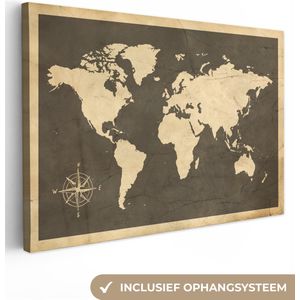 Canvas Wereldkaart - 140x90 - Wanddecoratie Wereldkaart - Hout - Vintage