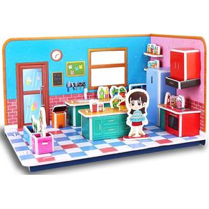 Ainy - 3D puzzel poppenhuis keuken met meubels: Miniatuur bouwpakket / speelgoed huisjes knutselpakket / knutselen meisjes - hobby puzzels en creatief modelbouw voor kinderen & volwassenen | 45 stukjes - 22x16x13cm