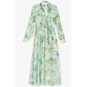 Lange bloemenjurk met sjaalkraag en aquarelprint Maat 38