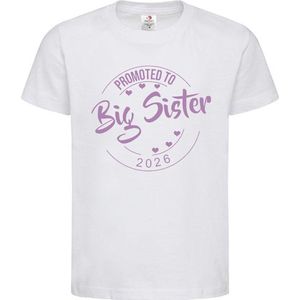 Shirt Aankondiging zwangerschap Promoted to Big Sister 2026 | korte mouw | wit/lila | maat 122/128 zwangerschap aankondiging bekendmaking Baby big sis sister