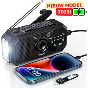 Noodradio Solar Opwindbaar - 2.500 mAh - Model 2025 - Noodpakket - Solar Powerbank - Radio op Batterijen - Zaklamp - Powerbank Zonneenergie - Nood radio Opwindbaar - Zwart