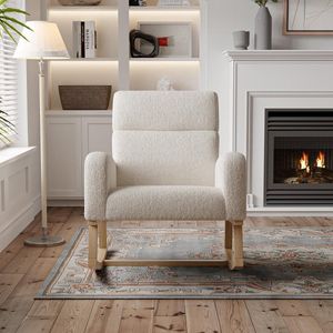 Schommelstoel met armleuningen, zijvakken, verstelbare rugleuning, massief houten poten, Sherpa-stof, Scandinavische stijl - Beige