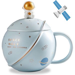 Leuke ruimte keramische mok, astronaut koffiekopje, grappige mokken met deksel en lepel, gepersonaliseerde bekers voor koffie, thee en melk, Moederdag geschenken mok, verjaardagscadeaus voor vrouwen/kinderen, 400ML (lichtblauw)