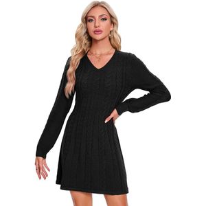 Dames gebreide jurk trui jurk kabelpatroon lange mouw tuniek jurk gebreide trui mini jurk ronde hals trui jurk elegante A-lijn casual jurk Zwart XL