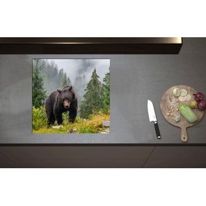 Inductieplaat Beschermer - Bruine beer in bos met grote bomen en bergen - 57x55 cm - 2 mm Dik - Inductie Beschermer - Bescherming Inductiekookplaat - Kookplaat Beschermer van Wit Vinyl