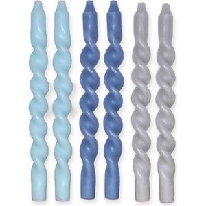 Twisted candle - Set van 6 kaarsen - Gedraaide kaarsen - 29 cm - Swirl kaarsen - Dinerkaarsen - Twisted candles - Twisted kaarsen - Gekleurde kaarsen - Draai kaarsen - Dinerkaarsen gedraaid - Lichtblauw - Helderblauw - Grijs