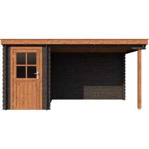 BlokhuttenOutlet.nl Blokhut met overkapping lessenaar dak 150 x 250 + 300cm in black wash met brown wash