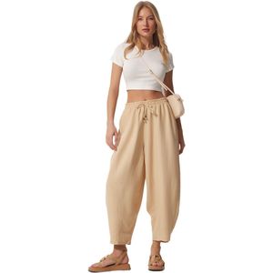 Happinessistanbul Crèmekleurige Linnen Viscose Shalwar-Broek Met Zakken Cv00001 Voor Dames