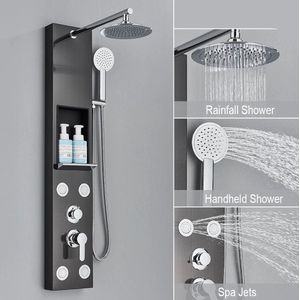 Douche - Regendouche - Douchewand - Douchekolom - Douchepanelen - Douchezuil met Opbergrek - Regendouche - Massagejets - Dubbele Handgreep - Zwart