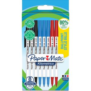 Paper Mate Kilometrico-balpennen | Lange schrijfduur met mediumpunt (1,0mm) | Zwarte, blauwe & rode inkt | 80% gerecycled plastic | 8 stuks