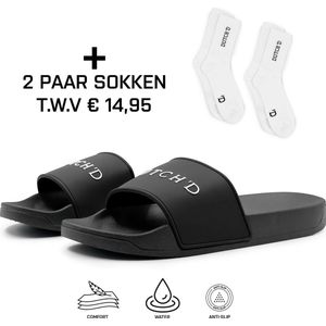 Dutch'D ® Rubberen slipper + GRATIS 2 paar Sport Sokken t.w.v € 13,95 - zwart/wit - Maat 39/40 - anti slip - Comfortabel - Dubbele maten - unisex
