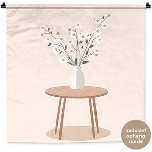 Wandkleed 90x90 cm - Wanddoek Vaas - Bloemen - Madeliefjes - Beige - Wandtapijt - Wandkleden
