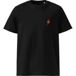 Lightning Symbool - Bitcoin T-shirt - Oranje Geborduurd - Unisex - 100% Biologisch Katoen - Kleur Zwart - Maat L | Bitcoin cadeau| Crypto cadeau| Bitcoin T-shirt| Crypto T-shirt| Bitcoin Shirt| Bitcoin Merchandise|Crypto Merch| Bitcoin Kleding