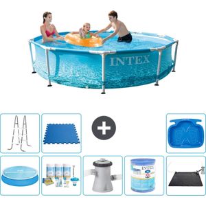 Intex Rond Frame Zwembad - 305 x 76 cm - Waterprint - Inclusief Solarzeil - Onderhoudspakket - Zwembadfilterpomp - Filter - Solar Mat - Ladder - Voetenbad - Vloertegels