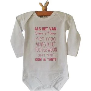 Baby meisjes Rompertje tekst lichtroze Als het van papa en mama niet mag vraag ik het toch gewoon aan mijn oom en tante | Lange mouw | wit met roze | maat 50/56 licht rose