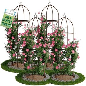 Garden Obelisk Rankhulp L 165 x 40 cm bruin set van 4 - rozen klimrooster metaal roestvrij - clematis tomatenkomkommers - gepoedercoat staal 165 cm hoog 40 cm Ø ranktoren