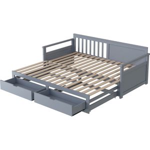 Merax Multifunctioneel Twee-in-Eén Bed 90 (180) x 190 cm - Bedframe van Hout met Opbergruimte - Uittrekbed en Lade - Grijs