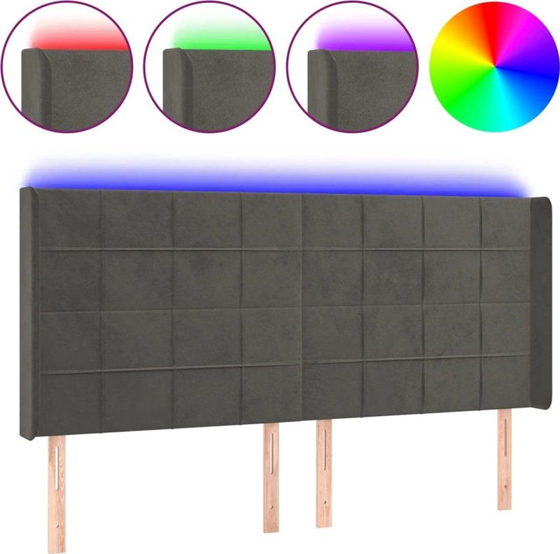 vidaXL - Hoofdbord - LED - 183x16x118/128 - cm - fluweel - donkergrijs