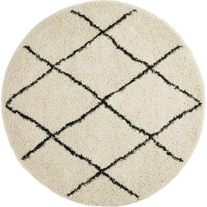 Lifa Living - Rond Vloerkleed  - Zwart / Wit - Grafische Vormen - Minimalistisch - Modern - Hoogpolig - Ø 160cm -