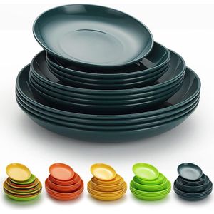 Kunststof bordenset, 12 stuks, platte borden, 3 maten, 15,5/19,5/23,5 cm, onbreekbaar herbruikbaar servies voor alle doeleinden en elke leeftijd, magnetronbestendig, vaatwasmachinebestendig