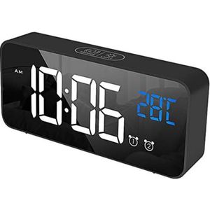 Wekker - Digitale Wekker met LED Scherm - USB Oplaadpoort - Temperatuurweergave - 2 Alarmen - Snooze - 4 Helderheidsniveaus - 13 Alarmgeluiden - Spraakgestuurd - Oplaadbare Batterij - Rechthoekig - Zwart - Nachtklok - Bedklok