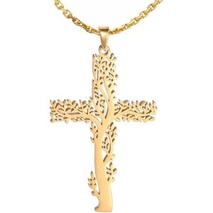 Fako Bijoux - Ketting - Goudkleurig - Stainless Steel - RVS - Kruisje Levensboom