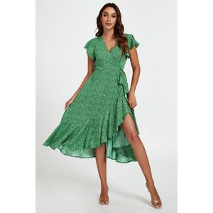 Kleine bloemen ruche mouw midi wikkeljurk in groen