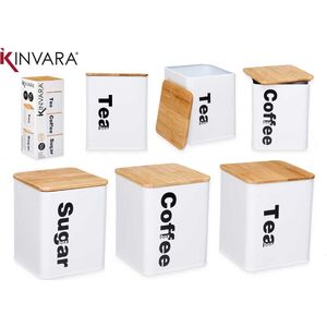 Kinvara Voorraadbussen met Bamboe deksel - Koffie, Thee en Suiker - Wit