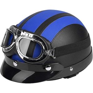 Half-open leren helm met UV-vizier voor scooter - blauw .