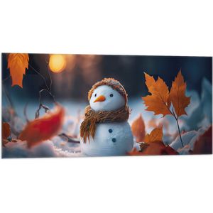 Vlag - Sneeuwpop met Bruine Sjaal en Muts in de Sneeuw tussen de Herfstbladeren - 100x50 cm Foto op Polyester Vlag