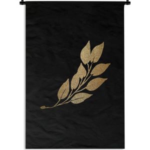 Wandkleed Golden/rose leavesKerst illustraties - Tak met langwerpige gouden bladeren op een zwarte achtergrond Wandkleed katoen 60x90 cm - Wandtapijt met foto