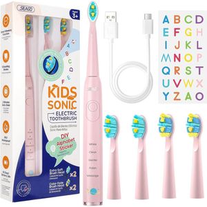 Elektrische Tandenborstel voor Kinderen met 4 Vervangbare Opzetborstels, 5 Poetsmodi en Waterdicht Ontwerp - Geschikt voor Leeftijd 6+