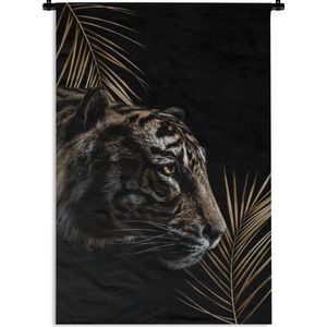 Wandkleed TijgerKerst illustraties - Zijkant van een tijger tegen een zwarte achtergrond met takken Wandkleed katoen 90x135 cm - Wandtapijt met foto