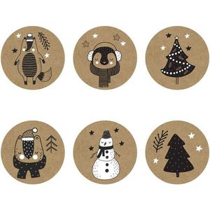 Sluitsticker - Sluitzegel – Kadosticker  Sneeuwpop / Kerstboom | Kraft Naturel – Zwart – Wit | Winter – Sneeuw - Kerst - Merry Christmas – Feestdagen – Sinterklaas | Envelop sticker | Cadeau – Gift – Cadeauzakje | Leuk verpakken | Kinderen |