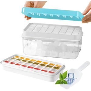 IJsblokjeshouder met deksel Siliconen ijsblokjeshouder Grote ijsblokjeshouder 32 ijsblokjeshouders voor whisky, cocktails, koffie, gelei en babyvoeding (met ijsbox, ijsschep en ijslade) (blauw)
