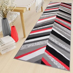Tapiso Maya Loper Vloerkleed Grijs Zwart Rood Gang Modern Woonkamer Gang Maat- 80x300