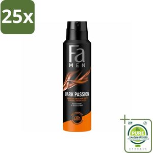 25 x Fa – Deodorant Spray – Men Dark Passion – 150 ml - Grootverpakking - Deodorant Spray Voor Mannen - Krachtige Geur - Zweetbescherming - Geur Tegen Zweet - Mannelijke Geur