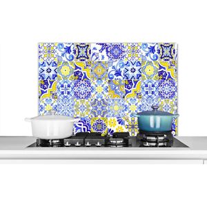 Spatscherm keuken 80x55 cm - Kookplaat achterwand Tegels - Delfts blauw - Geel - Antiek - Patroon - Muurbeschermer - Spatwand fornuis - Hoogwaardig aluminium